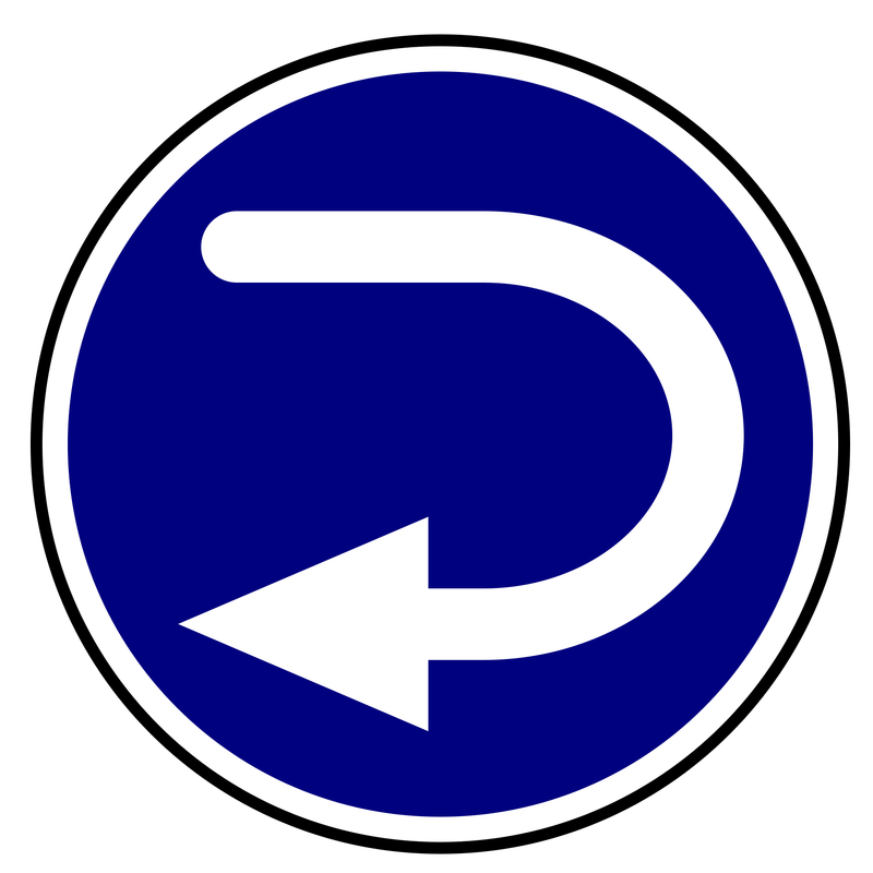 a blue circle with a white arrow that curves down and to the left.